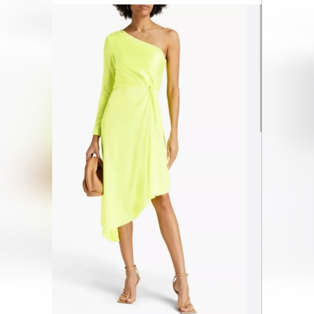 ALICE + OLIVIA Dora One-Shoulder Asymmetrical Yellow Neon Dress Size 6 - Picture 8 of 16
